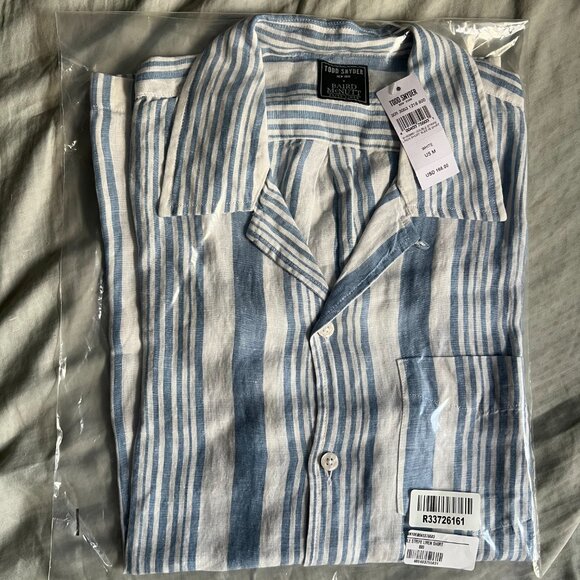 Todd Snyder Double Stripe Linen Short Sleeve Camp Collar Shirt MEDIUM $198 - Picture 2 of 2